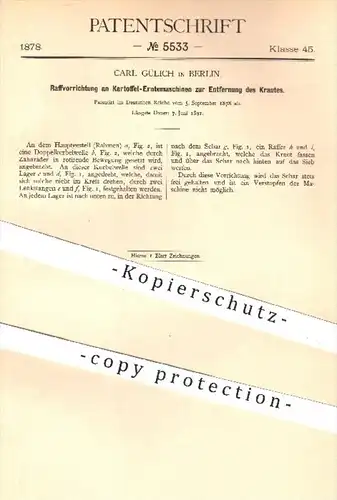 original Patent - Carl Gülich in Berlin , 1878 , Entfernung des Krautes an Kartoffel - Erntemaschinen | Landwirtschaft !