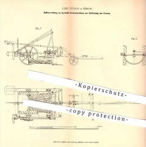 original Patent - Carl Gülich in Berlin , 1878 , Entfernung des Krautes an Kartoffel - Erntemaschinen | Landwirtschaft !