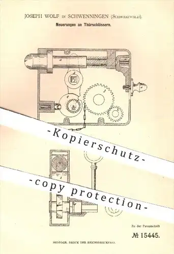 original Patent - Joseph Wolf in Schwenningen , 1880 , Türschloss , Türschlösser , Tür , Schloss , Schlösser , Schlosser