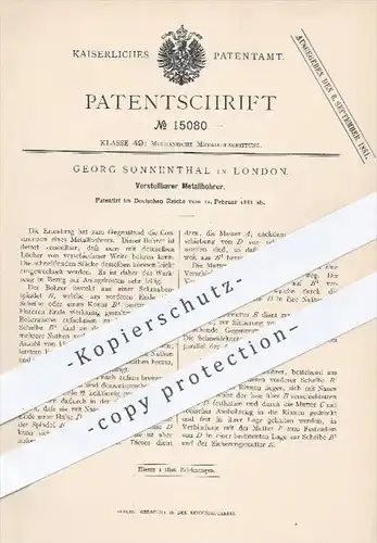 original Patent - G. Sonnenthal , London , 1881 , Verstellbarer Metallbohrer | Bohrer , Bohren , Bohrmaschine , Metall !