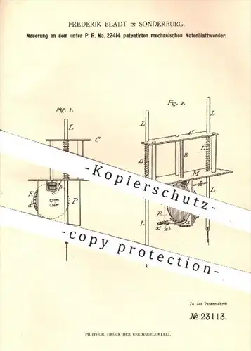 original Patent - Frederik Bladt in Sonderburg 1882 , Notenblattwender , Notenblätter , Noten , Musikinstrumente , Musik