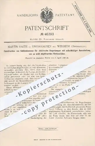 original Patent - Martin Raith , Unterhausen / Weilheim , 1888 , Kohlenklemmen für elektrische Bogenlampen | Lampen !!!