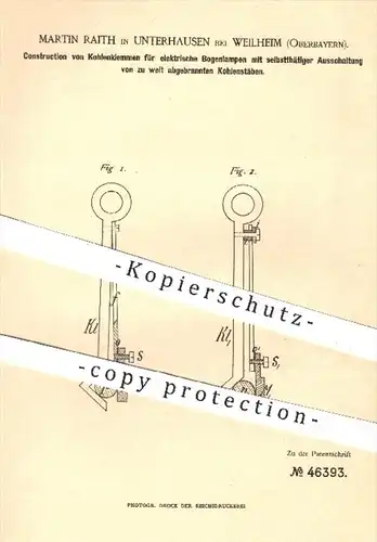 original Patent - Martin Raith , Unterhausen / Weilheim , 1888 , Kohlenklemmen für elektrische Bogenlampen | Lampen !!!