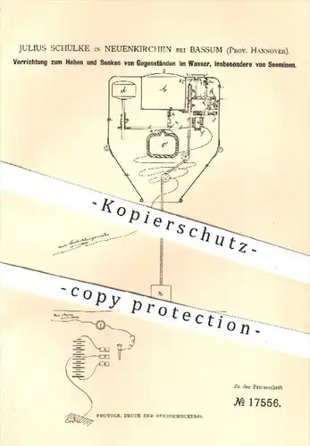 original Patent - J. Schülke , Neuenkirchen Bassum Hannover 1881 , Heben u. Senken von Gegenständen im Wasser | Seeminen