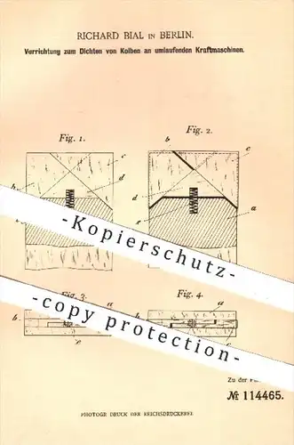 original Patent - Richard Bial in Berlin , 1899 , Dichten von Kolben an Kraftmaschinen , Motor , Motoren , Abdichten !!!