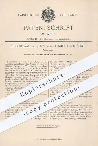 original Patent - J. Bosselaar u. Jules van den Elshout , Brüssel , 1894 , Ölvergaser , Öl , Vergaser , Motor , Gas !!!