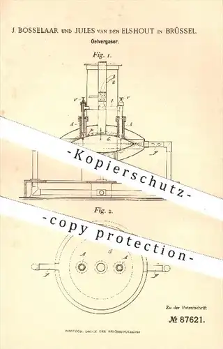 original Patent - J. Bosselaar u. Jules van den Elshout , Brüssel , 1894 , Ölvergaser , Öl , Vergaser , Motor , Gas !!!