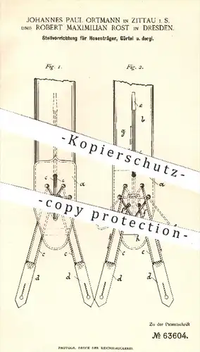 original Patent - J. P. Ortmann , Zittau | R. M. Rost , Dresden , 1891 , Stellvorrichtung für Hosenträger , Gürtel !!!