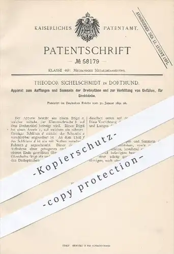 original Patent - Theodor Sichelschmidt in Dortmund , 1891 , Sammeln der Drehspäne u. Unfallverhütung an der Drehbank !!