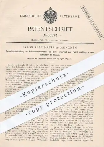 original Patent - Jakob Kreitmayer , München  1891 , Exzentereinrichtung an Fahrradtrittkurbeln | Pedal , Fahrrad , Rad