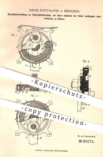 original Patent - Jakob Kreitmayer , München  1891 , Exzentereinrichtung an Fahrradtrittkurbeln | Pedal , Fahrrad , Rad