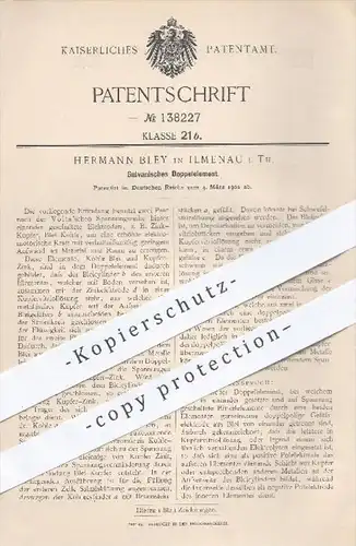 original Patent - Hermann Bley , Ilmenau , 1902 , Galvanisches Doppelelement | Volt , Elektroden , Zink , Kupfer , Strom