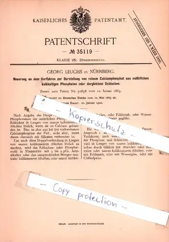 Original Patent  - Georg Leuchs in Nürnberg , 1885 , Düngerbereitung !!!