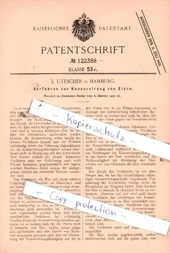 Original Patent  - E. Utescher in Hamburg , 1900 , Verfahren zur Konservirung von Eiern !!!