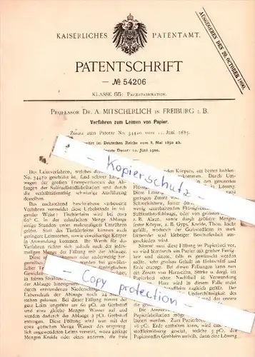 Original Patent  - Prof. Dr. A. Mitscherlich in Freiburg i. B. , 1890 , Leimen von Papier !!!