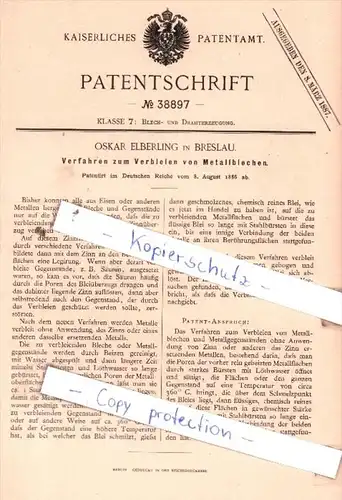 Original Patent  - Oskar Elberling in Breslau , 1886 , Verfahren zum Verbleien von Metallblechen !!!