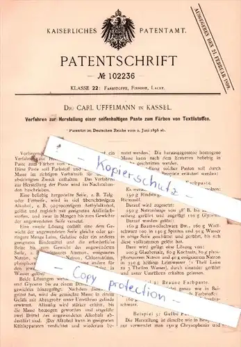 Original Patent  - Dr. Carl Uffelmann in Kassel , 1896 , Farbstoffe, Firnisse, Lacke !!!