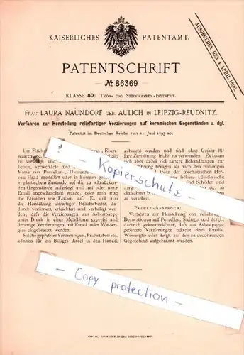 Original Patent  -  Fr. L. Naundorf in Leipzig-Reudnitz , 1895 , Herstellung reliefartiger Verzierungen !!!