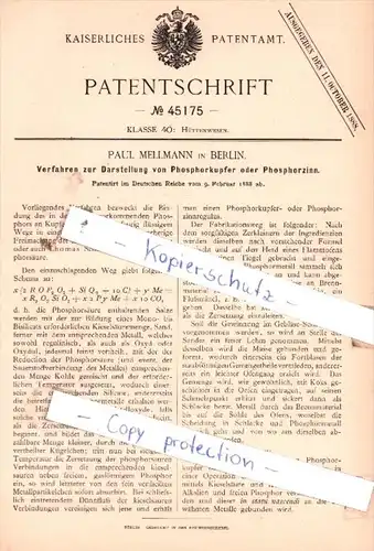 Original Patent  - Paul Mellmann in Berlin , 1888 , Hüttenwesen !!!