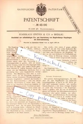 Original Patent  - Stanislaus Lentner & Co. in Breslau , 1888 , Maschinenelemente !!!