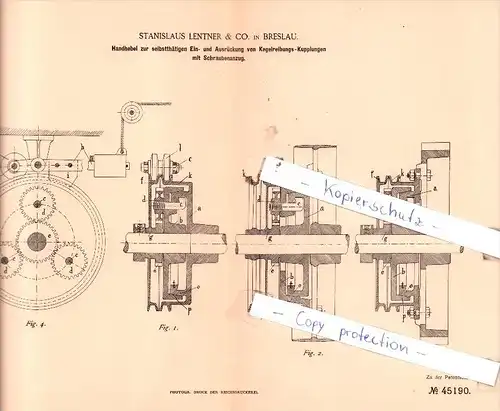 Original Patent  - Stanislaus Lentner & Co. in Breslau , 1888 , Maschinenelemente !!!