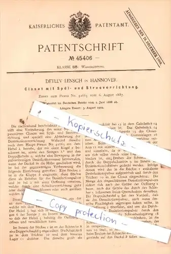 Original Patent  - Detlev Lensch in Hannover , 1888 , Closet mit Spül- und Streuvorrichtung !!!