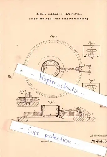 Original Patent  - Detlev Lensch in Hannover , 1888 , Closet mit Spül- und Streuvorrichtung !!!