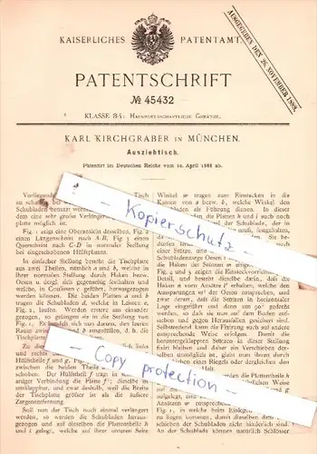 Original Patent  - Karl Kirchgraber in München , 1888 , Ausziehtisch !!!