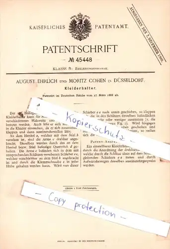 Original Patent  - August Ehrlich und Moritz Cohen in Düsseldorf , 1888 , Kleiderhalter !!!