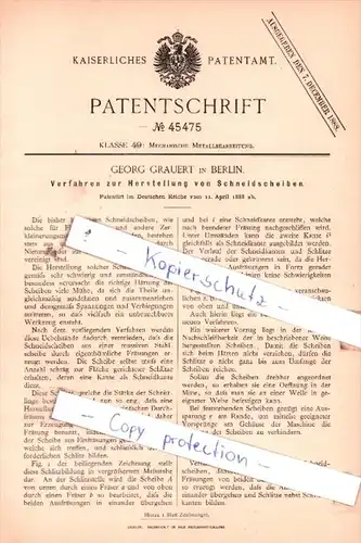 Original Patent  - Georg Grauert in Berlin , 1888 , Herstellung von Schneidscheiben !!!