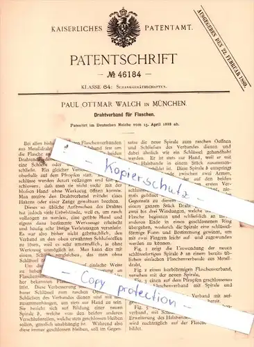 Original Patent  - Paul Ottmar Walch in München , 1888 , Drahtverband für Flaschen !!!