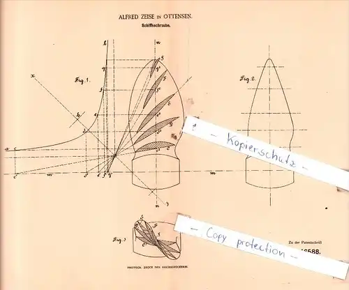 Original Patent  - Alfred Zeise in Ottensen , 1888 , Schiffsschraube !!!
