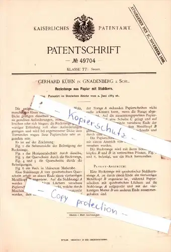 Original Patent  - Gerhard Kühn in Gnadenberg i. Schl. , 1889 , Sport !!!