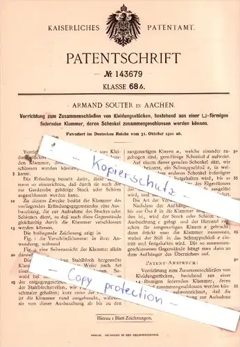 Original Patent  - Armand Souter in Aachen , 1902 , Zusammenschließen von Kleidungsstücken !!!
