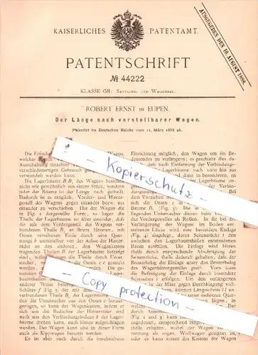 Original Patent  - Robert Ernst in Eupen , 1888 , Sattlerei und Wagenbau !!!