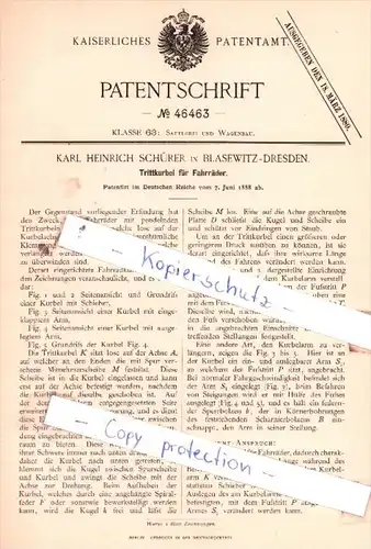 Original Patent  - Karl Heinrich Schürer in Blasewitz-Dresden , 1888 , Trittkurbel für Fahrräder !!!