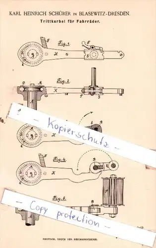 Original Patent  - Karl Heinrich Schürer in Blasewitz-Dresden , 1888 , Trittkurbel für Fahrräder !!!