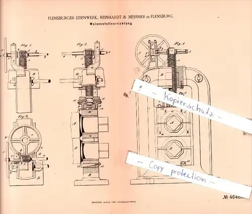 Original Patent  - Flensburger Eisenwerk, Reinhardt & Messmer in Flensburg , 1888 , !!!