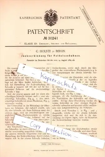 Original Patent  - C. Holste in Berlin , 1884 , Jochverbindung für Feldeisenbahnen !!!