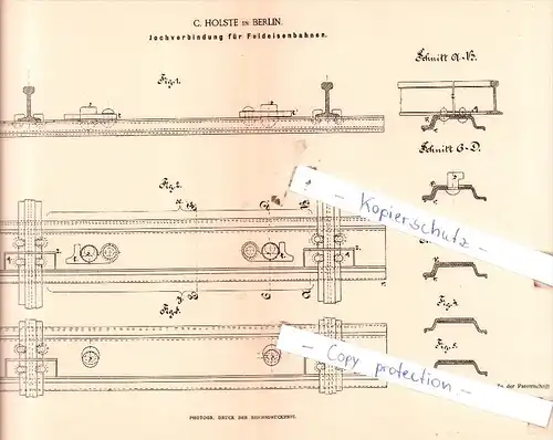 Original Patent  - C. Holste in Berlin , 1884 , Jochverbindung für Feldeisenbahnen !!!
