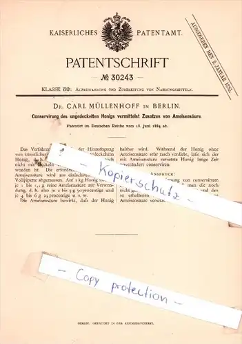 Original Patent  - Dr. Carl Müllenhoff in Berlin , 1884 , Conservirung des Honigs !!!