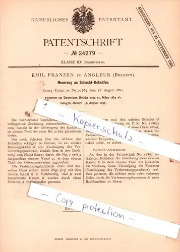 Original Patent  - Emil Franzen in Angleur , Belgien , 1883 , Neuerung an Schacht-Koksöfen !!!
