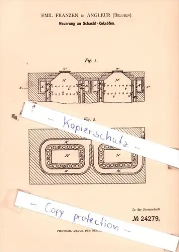 Original Patent  - Emil Franzen in Angleur , Belgien , 1883 , Neuerung an Schacht-Koksöfen !!!