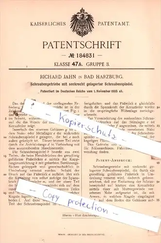 Original Patent  - Richard Jahn in Bad Harzburg , 1905 , Schraubengetriebe !!!
