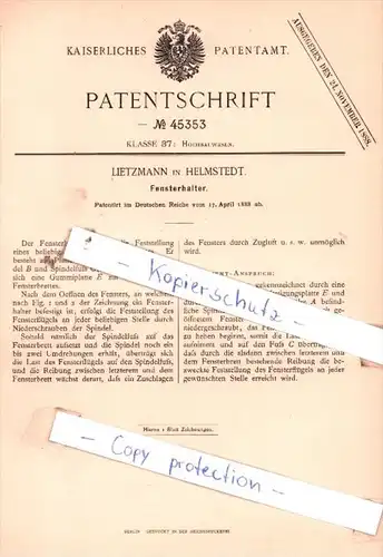 Original Patent  -  Lietzmann in Helmstedt , 1888 , Fensterhalter !!!