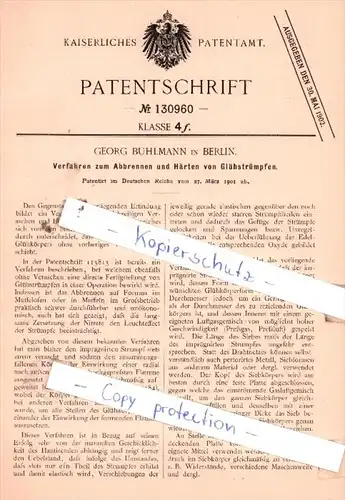 Original Patent  - Georg Buhlmann in Berlin , 1901 , Abbrennen und Härten von Glühstrümpfen !!!