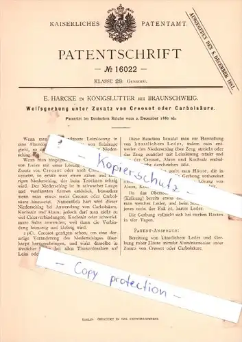 Original Patent  - E. Harcke in Königslutter bei Braunschweig , 1880 , Gerberei !!!
