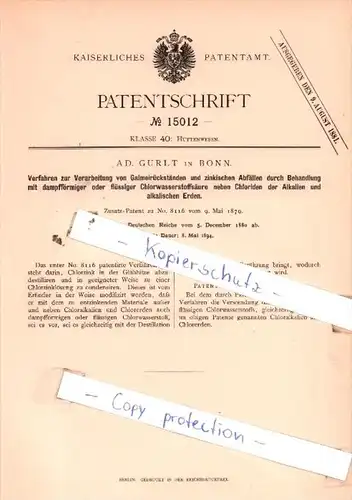 Original Patent  - Ad. Gurlt in Bonn , 1880 , Verfahren zur Verarbeitung von Galmeirückständen !!!