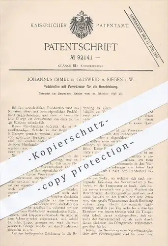 original Patent - Joh. Immel , Geisweid / Siegen , 1896 , Puddelofen mit Vorwärmer für die Beschickung , Ofen , Eisen !!