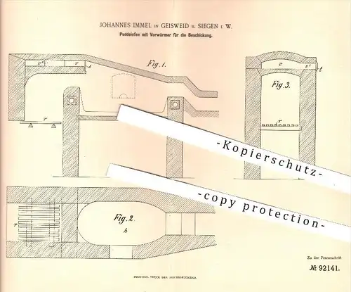 original Patent - Joh. Immel , Geisweid / Siegen , 1896 , Puddelofen mit Vorwärmer für die Beschickung , Ofen , Eisen !!